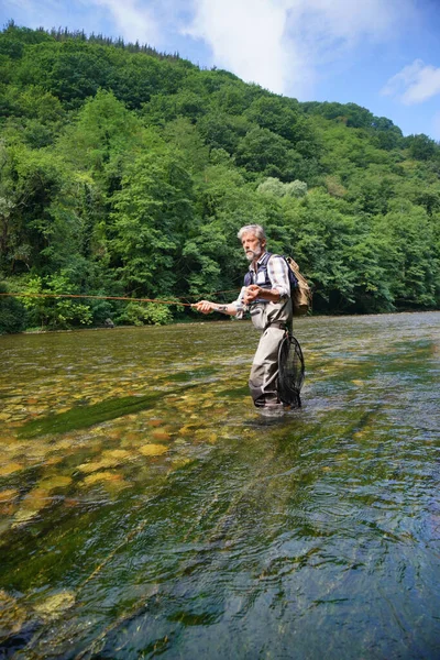 Uomo Pesca Mosca Estate Bellissimo Fiume Con Acqua Limpida — Foto Stock