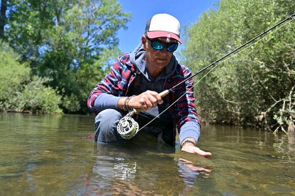 Vliegvisser Zomer Het Vangen Van Bruine Forel Vissen Een Berg — Stockfoto