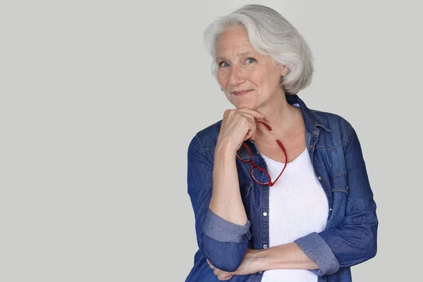 Portrait Senior Woman Wearing Blue Jeans Shirt Red Eyeglasses Isolated — Stock Photo, Image