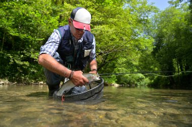 Yazın uçan balıkçı dağ nehrinde balık tutan gökkuşağı alabalığını yakalıyor.