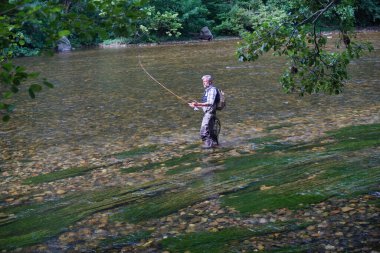 İnsanoğlu yazın temiz suyla güzel bir nehirde balık tutar.