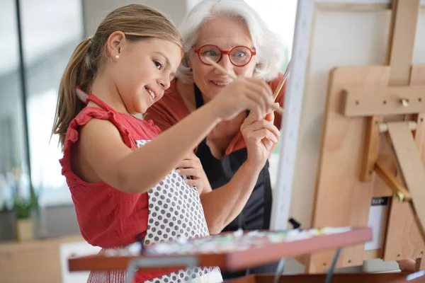 Young Girl Grandmother Painting Canvas — Stock Photo, Image