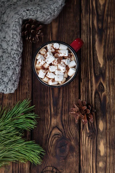 One Red Cup Hot Drink Marshmallow Knitted Scarf Wooden Christmas — Stock Photo, Image