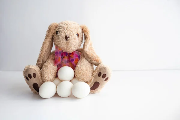 Cute Bunny toy with chicken eggs waiting for Easter on white background