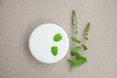 gri bir arka planda taze nane şalar ile krem kavanoz. Üst görünüm