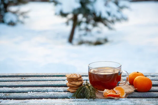 Filiżanka gorącej herbaty, mandarynki i ciasteczka w lesie zimowym. koncepcja Bożego Narodzenia martwa życiem — Zdjęcie stockowe