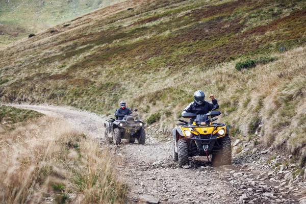 Front View Quad Bikes Zipping Country Road Carpathian Mountains Ukraine — Stock Photo, Image