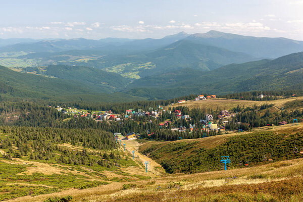 View from the mountain to the ski resort Dragobrat. Carpathian mountains, Ukraine.