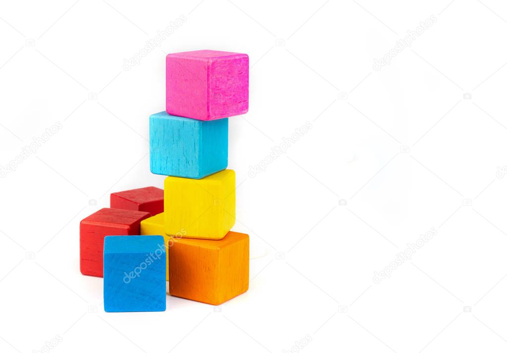 toy blocks, colorfull wooden blocks stack isolated white background.