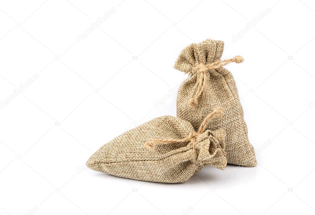 Burlap gift sack isolated on white background.