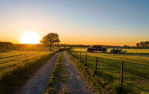 Traktor Agicultural Arbetsmaskiner Solig Vårdag Ett Fält Med Gräs Solnedgång — Stockfoto