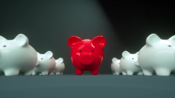 Cerdito Alcancía Rojo Con Niños Blancos Pequeños Disparo Seguimiento Movimiento — Vídeo de stock