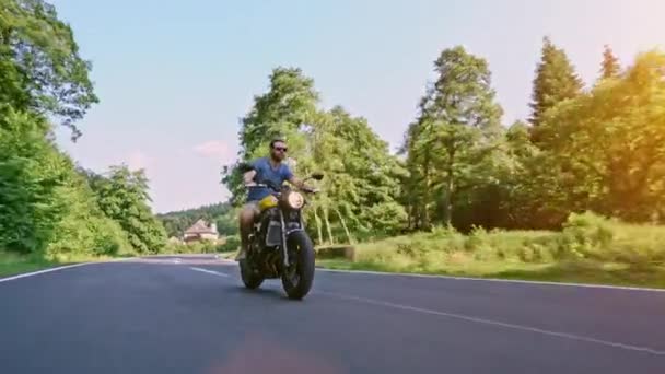 現代カスタム スクランブラー バイク乗って オーバー テイクし アクションの彫刻の林道 オートバイ ツアー旅の空の道の運転の楽しみを有する ビデオ — ストック動画