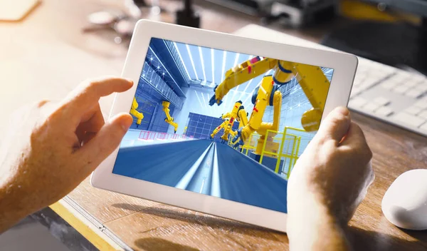 Smart Fabrik Moderna Automatiserade Produktionsanläggning Med Robotarmar Tablet Kontor Industri — Stockfoto