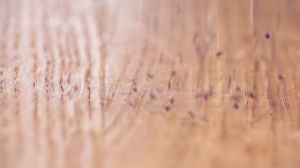 Суперпродуктовий Інгредієнт Насіння Чіа Дощить Дерев Яному Столі Зернові Сніданок — стокове відео