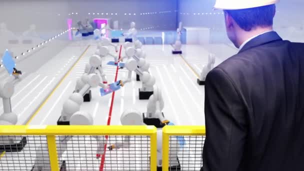 Automazione Intelligente Robot Industria Azione Saldatura Pannelli Solari Mentre Ingegnere — Video Stock