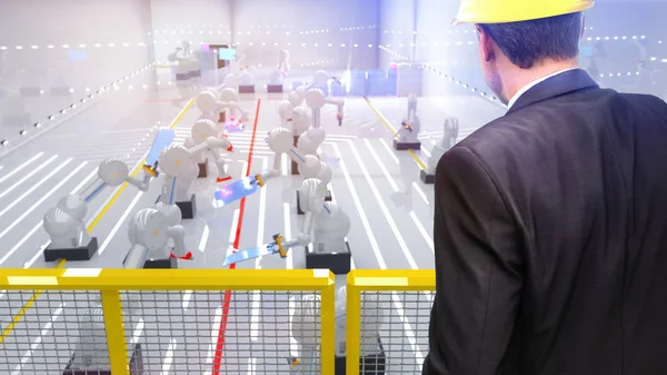Intelligens Automatizálási Ipar Robot Hegesztés Napelemek Míg Mérnök Figyel Felülről — Stock Fotó
