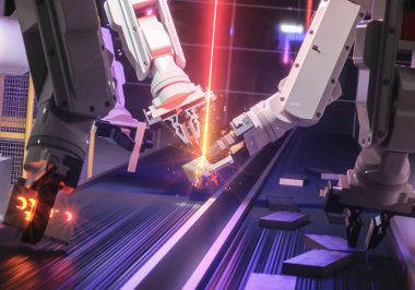 Metal - Sanayi 4.0 kavramı kaynak eylem akıllı Otomasyon Sanayi robot - 3d render