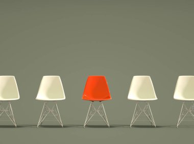 Satır bir garip bir out modern tasarım koltukları. İş fırsatı. İş liderlik. İşe Alım kavramı. 3D render