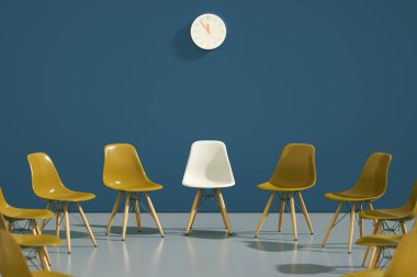Daire modern tasarım koltukları bir garip bir tanesi çıktı. İş fırsatı. İş liderlik. İşe Alım kavramı. 3D render