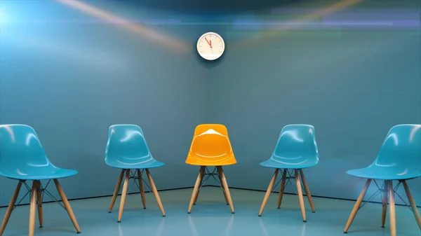 モダンなデザインの椅子 つの奇数の つの行 仕事の機会 ビジネスのリーダーシップ 採用コンセプトです レンダリング — ストック写真