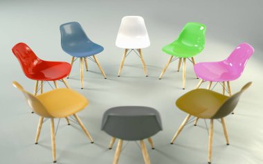 Daire modern tasarım koltukları bir garip bir tanesi çıktı. İş fırsatı. İş liderlik. İşe Alım kavramı. 3D render