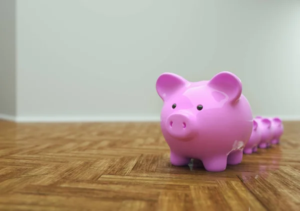 Warna Piggy Bank Sebagai Pemimpin Baris Untuk Arah Yang Benar — Stok Foto