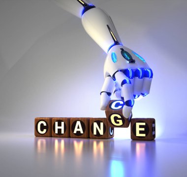 cyborg robot el değişiklikleri metin küpten değişiklik şans - AI kavramı - 3d işleme için
