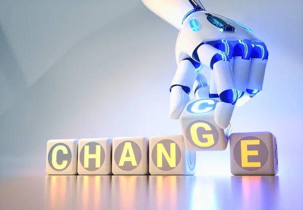 Cyborg Robot Hand Changes Text Cube Change Chance Concept Rendering — Stock Photo, Image