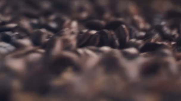 茶色のコーヒー豆を蒸気で焙煎します トラッキングショット クローズアップ スーパースローモーション 木製のテーブルの上に落ちる豆 — ストック動画