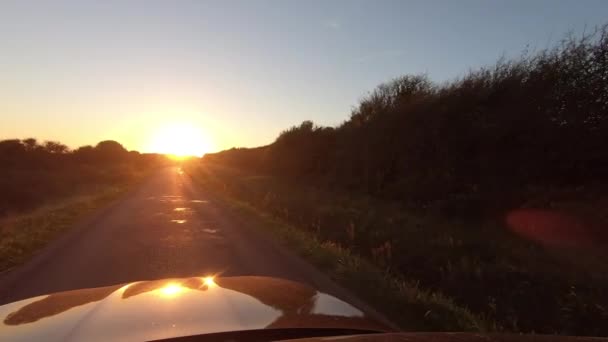 Auto Het Land Weg Een Zonnige Middag Bij Zonsondergang Eerste — Stockvideo