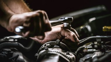 Mekanik garajda araba motoru üzerinde çalışan oto tamircisi. Onarım 