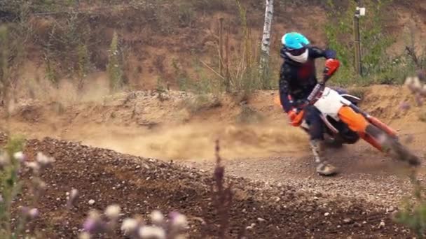 Extreme Motocross Rider Riding Dirt Track Sunny Late Summer Day — Stock Video