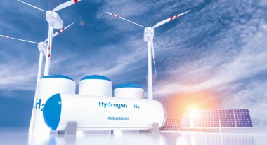 Hydrogen renewable energy production - hydrogen gas for clean electricity solar and windturbine facility. 3d rendering. clipart
