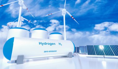 Hidrojen yenilenebilir enerji üretimi - temiz elektrik güneş ve rüzgar türbini tesisi için hidrojen gazı. 3d oluşturma.