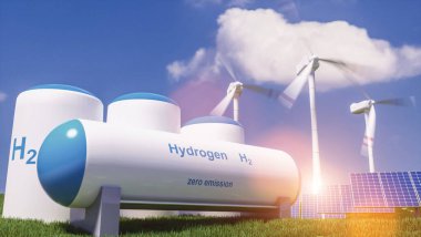 Hidrojen yenilenebilir enerji üretimi - temiz elektrik güneş ve rüzgar türbini tesisi için hidrojen gazı. 3d oluşturma.