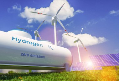 Hidrojen yenilenebilir enerji üretimi - temiz elektrik güneş ve rüzgar türbini tesisi için hidrojen gazı. 3d oluşturma.