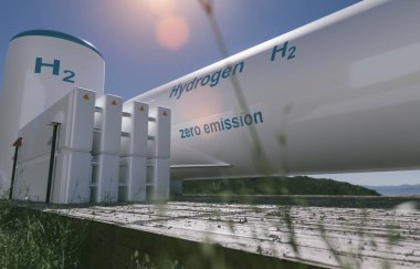 Hidrojen yenilenebilir enerji üretimi - temiz elektrik güneş ve rüzgar türbini tesisi için hidrojen gazı. 3d oluşturma.