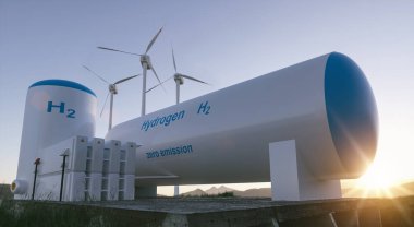 Hidrojen yenilenebilir enerji üretimi - temiz elektrik güneş ve rüzgar türbini tesisi için hidrojen gazı. 3d oluşturma.