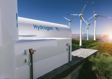 Hidrojen yenilenebilir enerji üretimi - temiz elektrik güneş ve rüzgar türbini tesisi için hidrojen gazı. 3d oluşturma.