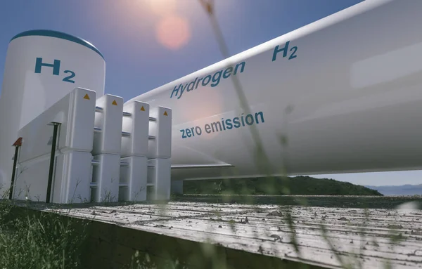 水素再生可能エネルギー生産 クリーン電力用水素ガス太陽光発電および風力発電設備 3Dレンダリング — ストック写真