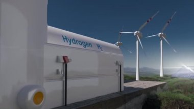 Hidrojen yenilenebilir enerji üretimi - temiz elektrik güneş ve rüzgar türbini tesisi için hidrojen gazı. 3d oluşturma.