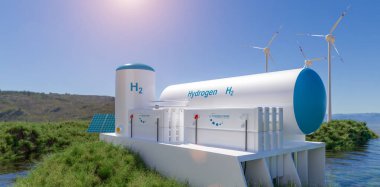 Hidrojen yenilenebilir enerji üretimi - temiz elektrik güneş ve rüzgar türbini tesisi için hidrojen gazı. 3d oluşturma.