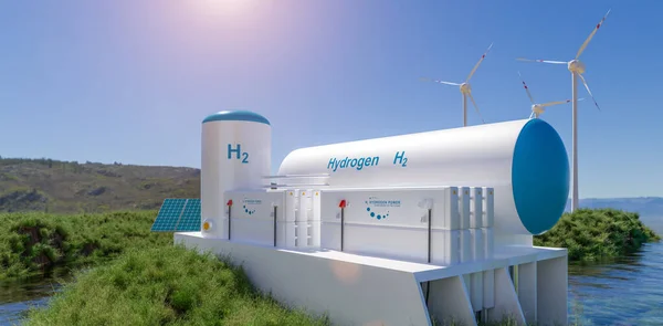 氢气可再生能源生产 用于清洁电力 太阳能和风力涡轮机设施的氢气 3D渲染 — 图库照片