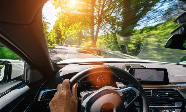 Hands Car Driver Steering Wheel Road Trip Driving Highway Road — Stock Photo, Image
