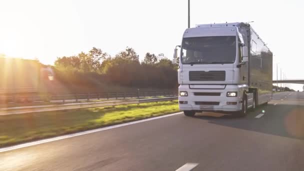 载货卡车和载货拖车在高速公路上行驶 白色卡车在清晨时分运送货物 非常低的角度通过近距离拍摄 — 图库视频影像