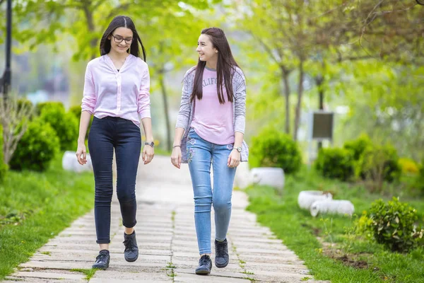 Dos Hermanas Guapas Caminando Divirtiéndose Juntas Parque Primavera —  Fotos de Stock