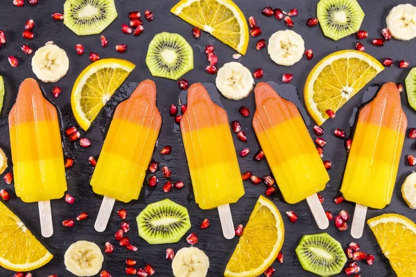 Fruit Ice Cream Stick Black Slate Board Focus Popsicles — Stock Photo, Image