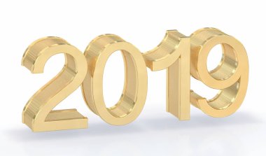 3D altın Metal 2019 beyaz arka plan üzerinde. Üç boyutlu görüntü oluşturma.