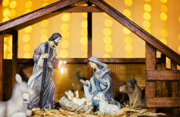 Escena Del Pesebre Navidad Con Figuras Como Jesús María José — Foto de Stock